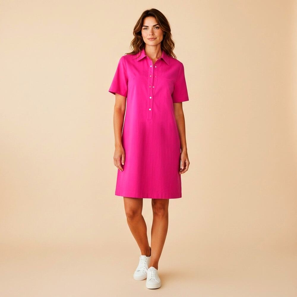Akris 100 Years Silk Blend Shirt Dress US 10 Fuchsia Pink Snap Front Luxury